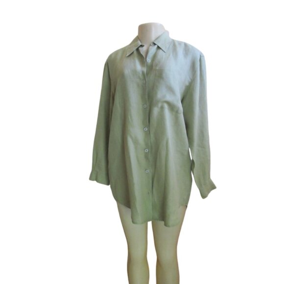 Liz Claiborne Green Linen Tunic Style Button Down Shirt in Size M - Picture 2 of 9